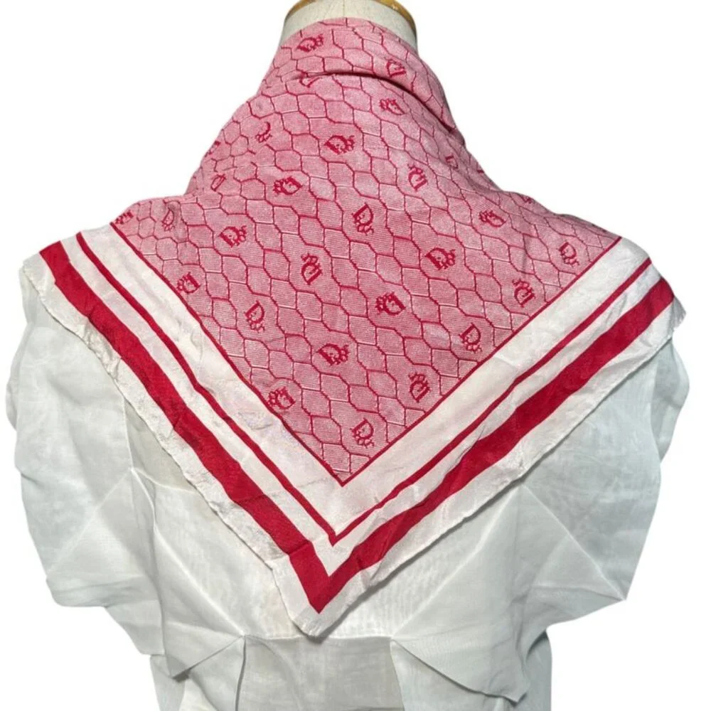 Christian Dior Old Square Line Trotter Silk Scarf Red and White